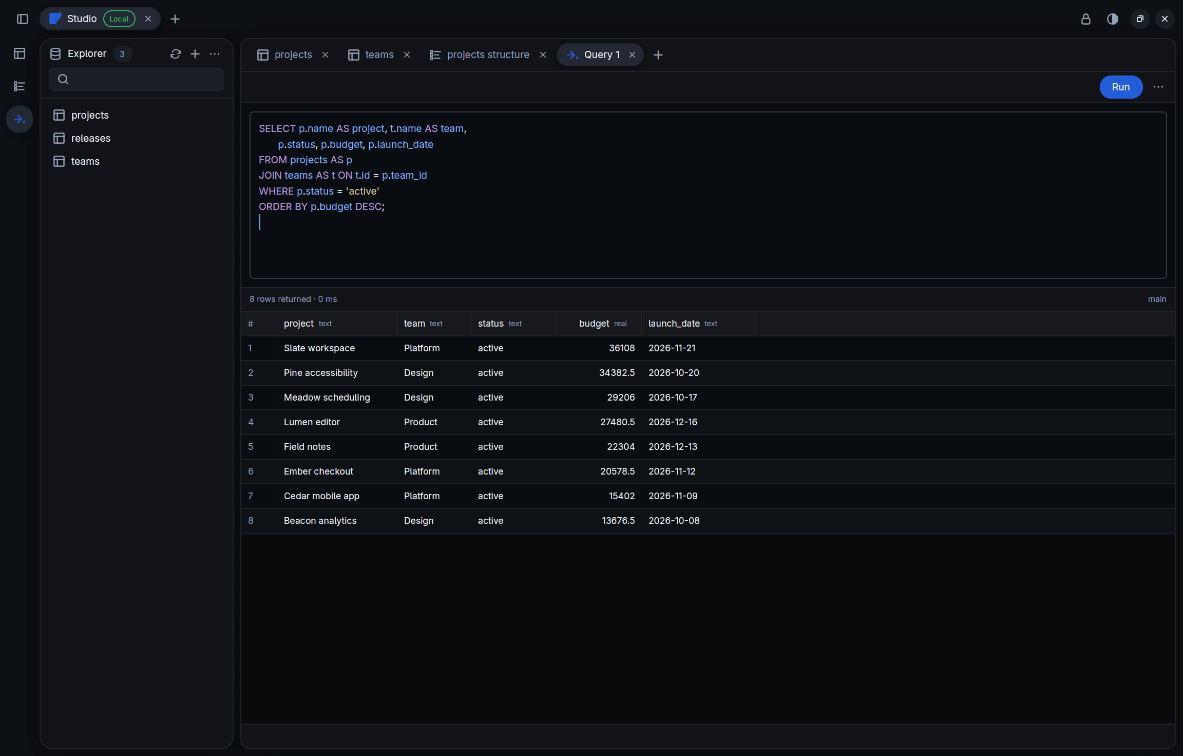 DBX SQL editor running a join over projects and teams, with eight result rows