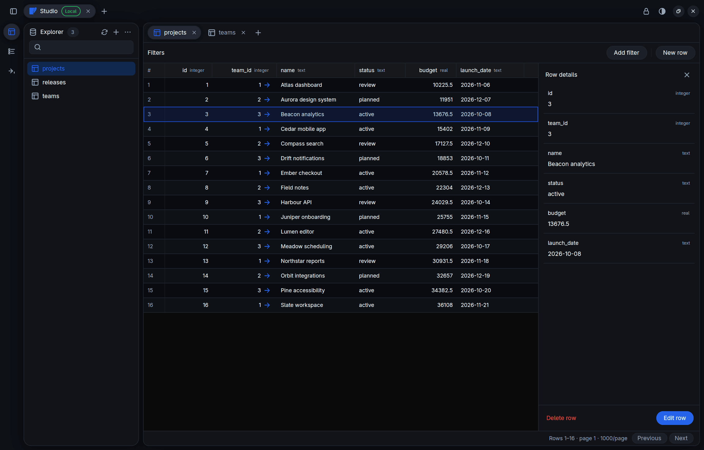 DBX showing tabbed tables, a schema explorer, foreign-key links, and a row inspector